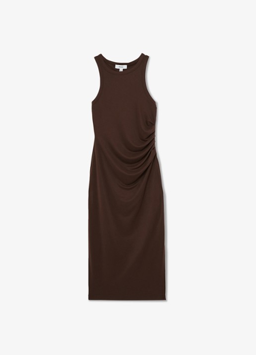Reiss Lola midi jurk met plooidetail - voorkant 4 donkerbruin