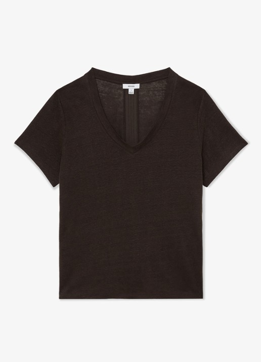 Reiss Lola T-shirt van linnen met V-hals - voorkant 5 chocoladebruin