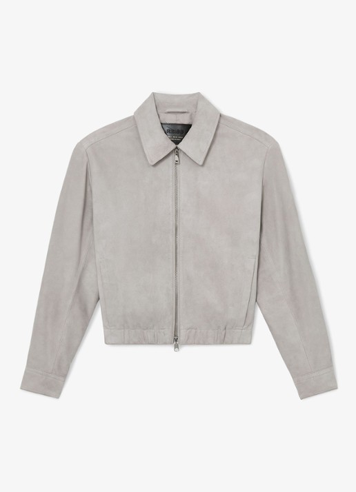 Reiss Lottie cropped bomberjack van geitensuède  - voorkant 2 light grey / grijs