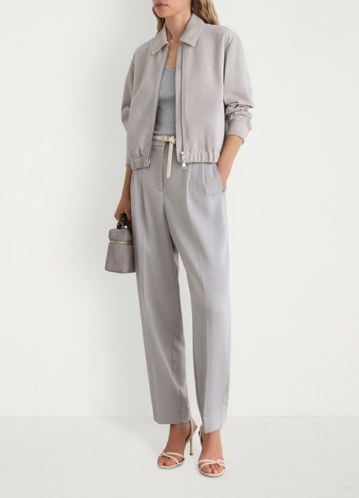 Reiss Lottie cropped bomberjack van geitensuède  - voorkant 3 light grey / grijs
