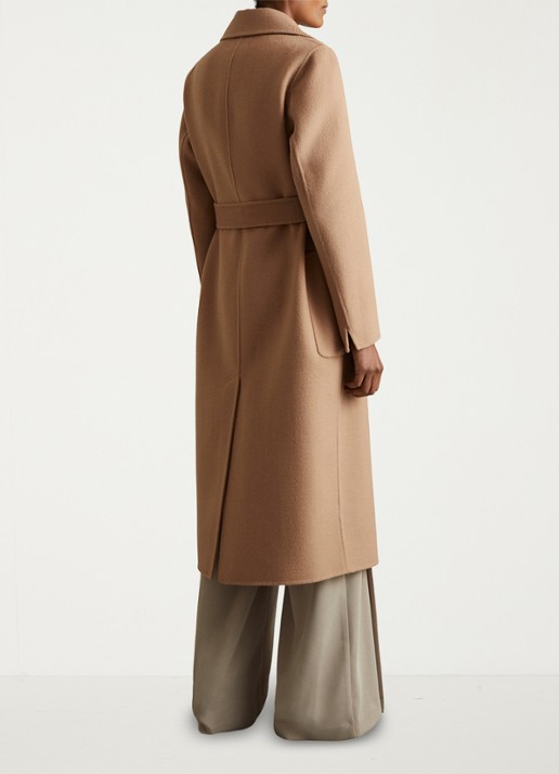 Reiss Lucia double-breasted mantel in wolblend met strikceintuur - achterkant 3 camel