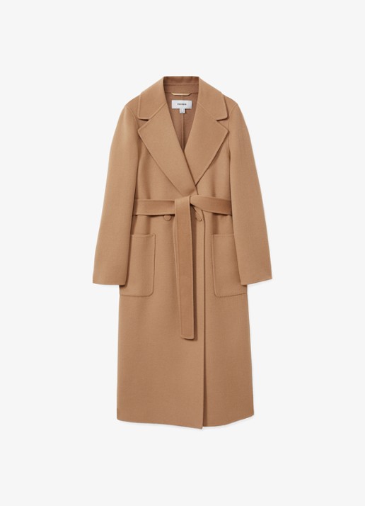 Reiss Lucia double-breasted mantel in wolblend met strikceintuur - voorkant 4 camel
