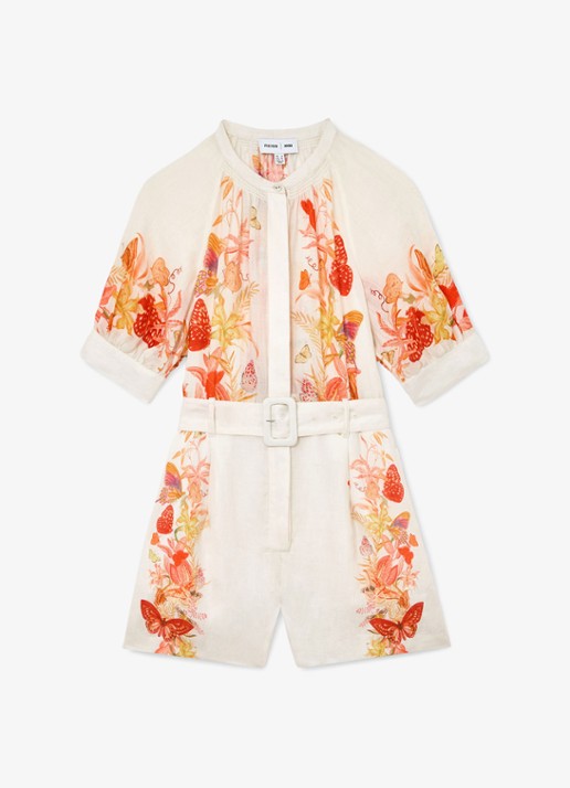 Reiss Lucia straight fit playsuit met strikceintuur en bloemenprint - voorkant 6 orange