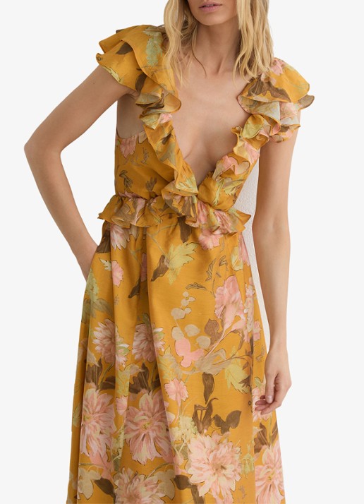 Reiss Lucy midi jurk met bloemenprint - detail okergeel