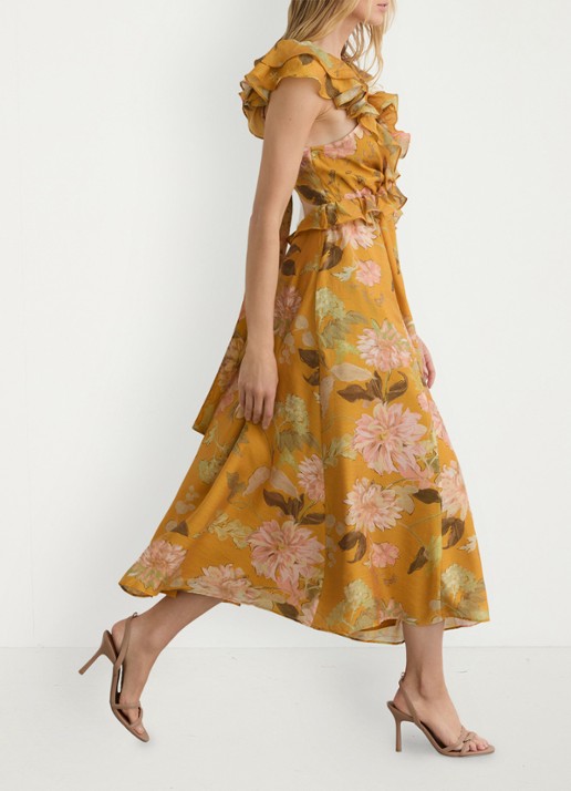 Reiss Lucy midi jurk met bloemenprint - detail 4 okergeel
