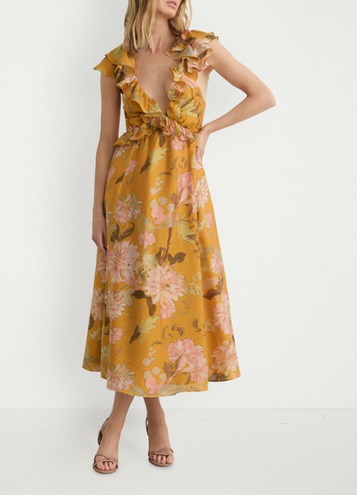 Reiss Lucy midi jurk met bloemenprint - voorkant 7 okergeel