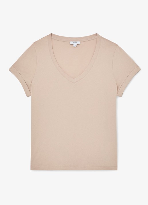 Reiss Luna T-shirt met V-hals  - voorkant 2 camel