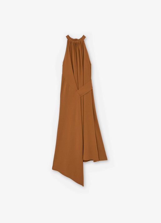 Reiss Maeve midi jurk met gedrapeerd detail - voorkant oranje