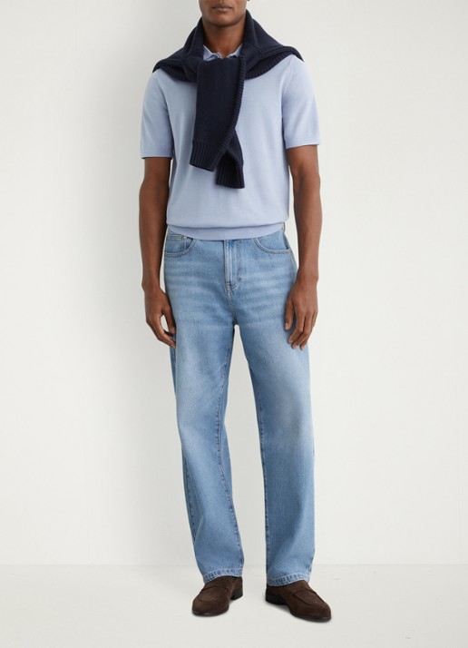 Reiss MANOR Merino Wool Short-Sleeve Polo Shirt - voorkant 2 lichtblauw