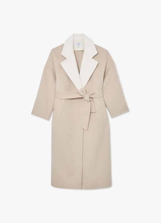 Reiss Marcela mantel van wol met strikceintuur - voorkant beige