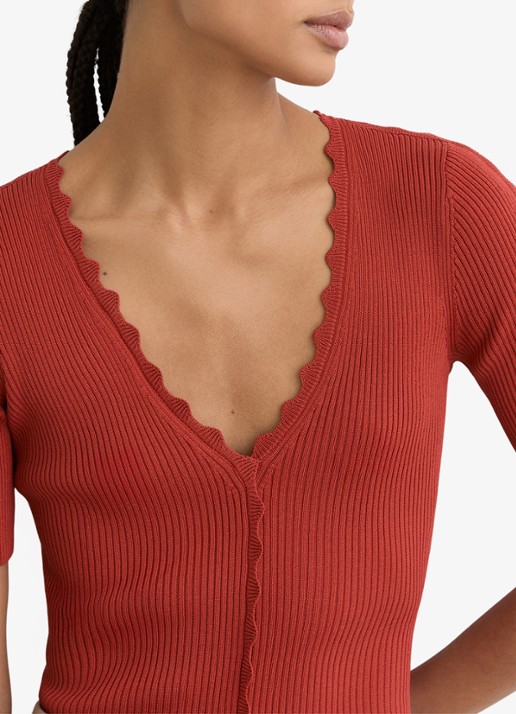 Reiss Marcy ribgebreide top met V-hals - detail 5 rood