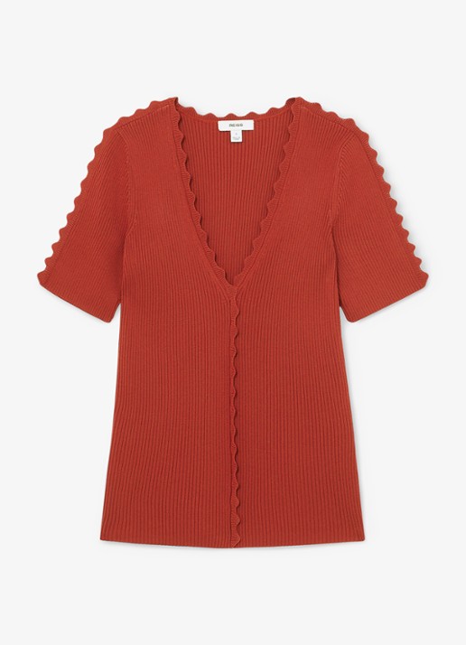 Reiss Marcy ribgebreide top met V-hals - voorkant 2 rood