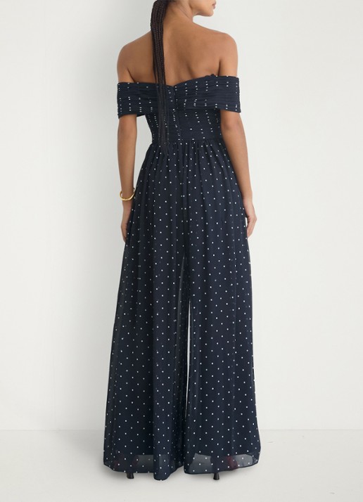 Reiss Margo wide fit jumpsuit met stippenprint - achterkant donkerblauw