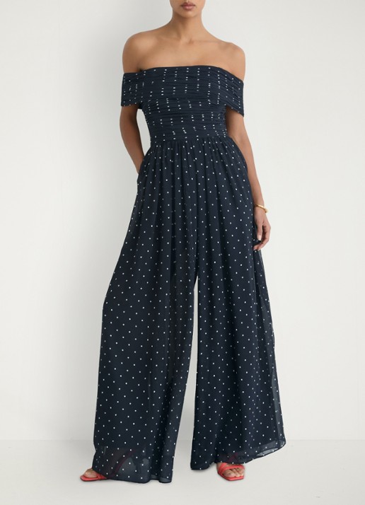 Reiss Margo wide fit jumpsuit met stippenprint - voorkant 3 donkerblauw