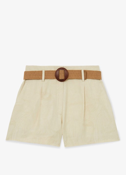 Reiss Matilda high waist wide fit korte broek in linnenblend - voorkant beige