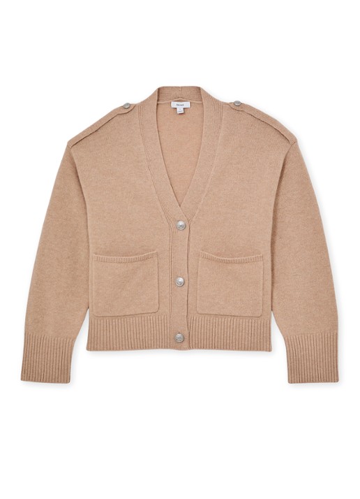 Reiss Maya fijngebreid vest in kasjmierblend met steekzakken - voorkant beige