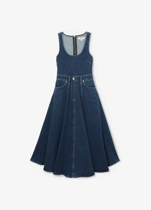 Reiss Midi A-lijn jurk van denim met steekzakken - voorkant indigo