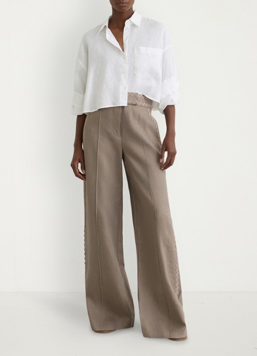 Reiss Mila high waist wide fit pantalon van linnen - voorkant 3 beige
