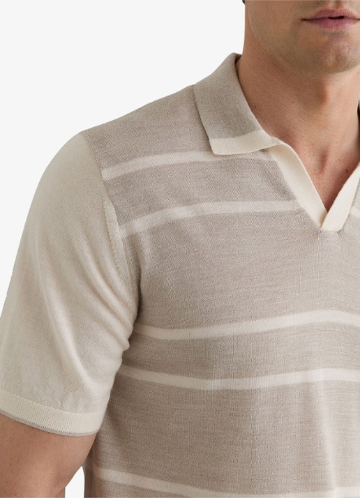 Reiss Miles slim fit polo van merinowol met streepprint - detail 3 oatmeal / wit