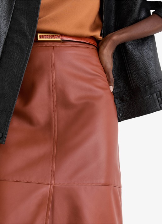 Reiss Miley high waist midi kokerrok van schapenleer  - detail 3 donkeroranje