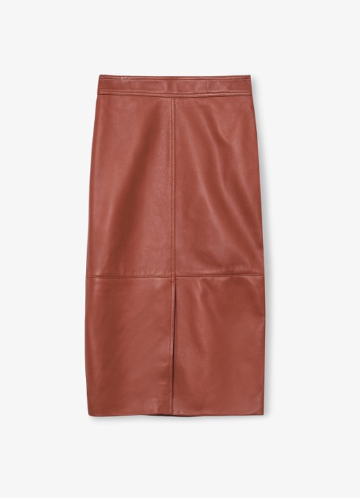 Reiss Miley high waist midi kokerrok van schapenleer  - voorkant 5 donkeroranje