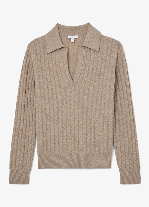 Reiss Millie kabelgebreide trui in kasjmier wolblend - voorkant 5 beige