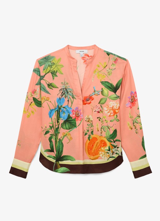 Reiss Milos blouse met print - voorkant oudroze
