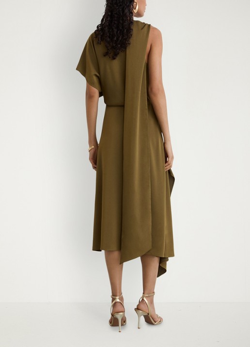 Reiss Naomi one shoulder maxi jurk van satijn met plooidetail - achterkant 5 khaki