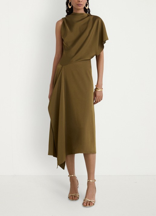 Reiss Naomi one shoulder maxi jurk van satijn met plooidetail - voorkant 7 khaki