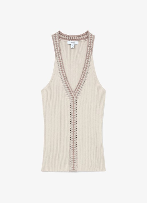 Reiss Nora top met ribstructuur - voorkant creme
