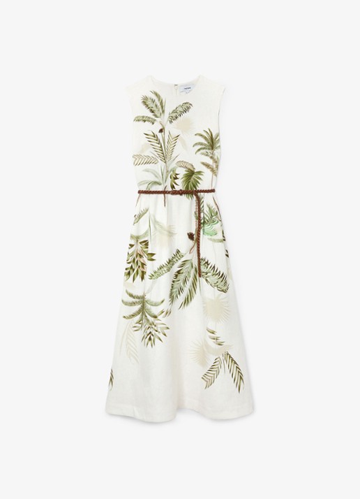 Reiss Palma midi jurk van linnen met print - voorkant 6 ivoor
