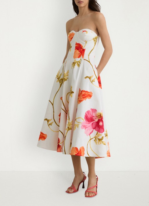 Reiss Penelope midi jurk met steekzakken en bloemenprint - voorkant 3 creme