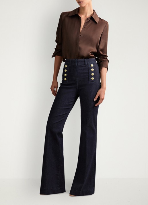 Reiss Petite Athena high wasit flared jeans met sierknopen - voorkant 3 indigo