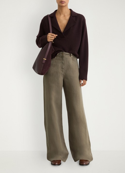 Reiss Petite Carmen high waist wide fit pantalon in linnenblend - voorkant 2 khaki