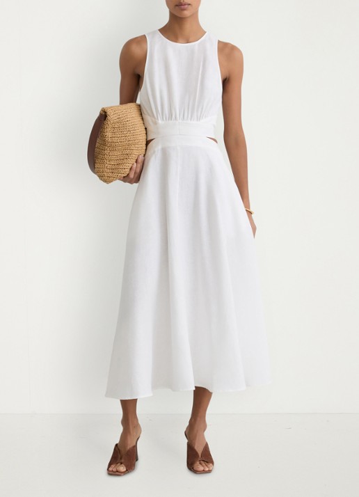 Reiss Petite Hazel midi jurk in linnenblend met cut-out detail - voorkant 6 wit