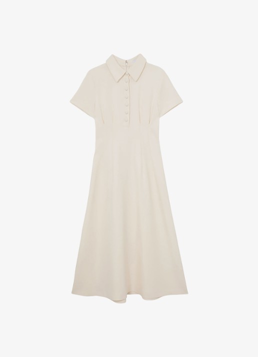 Reiss Petite Mari midi jurk met plooien - voorkant 6 creme