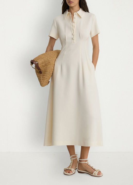 Reiss Petite Mari midi jurk met plooien - voorkant 7 creme