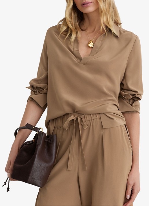 Reiss Petite Maria high waist wide fit pantalon van zijde - detail 3 camel