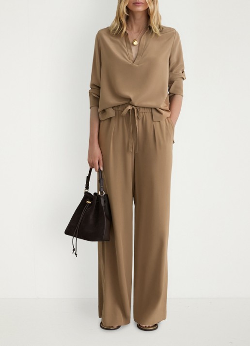 Reiss Petite Maria high waist wide fit pantalon van zijde - detail 4 camel