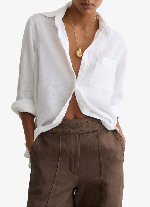 Reiss Petite mid waist tapered fit pantalon van linnen - detail 3 bruin