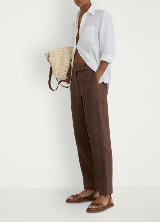 Reiss Petite mid waist tapered fit pantalon van linnen - voorkant 7 bruin