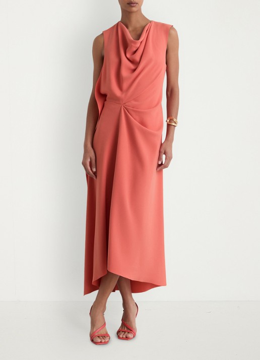 Reiss Petite midi jurk met watervalhals - detail 2 koraalroze
