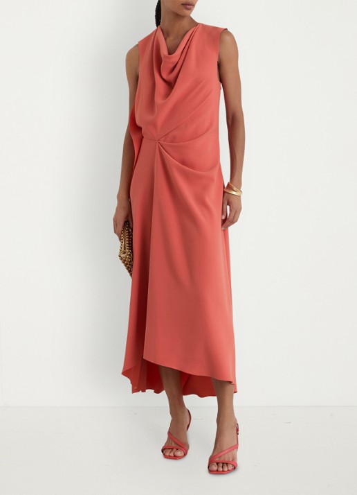 Reiss Petite midi jurk met watervalhals - voorkant 7 koraalroze