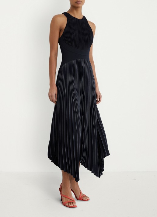 Reiss Petite Rachel midi jurk met plooien - voorkant 5 donkerblauw