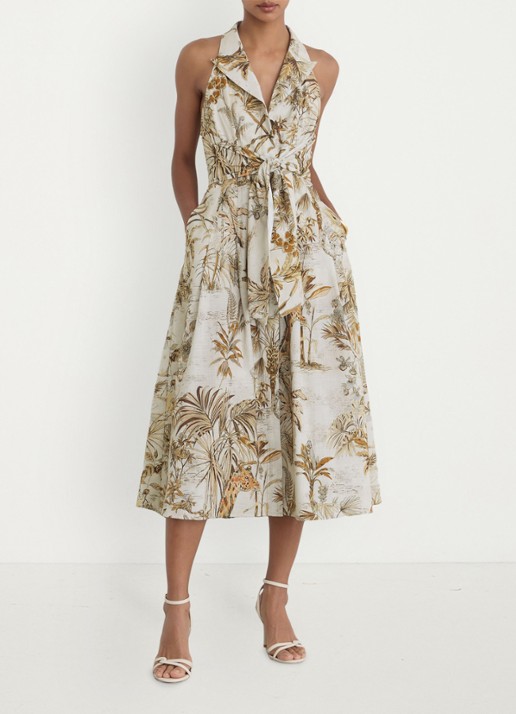 Reiss Petite Tate midi jurk met print - voorkant 3 creme