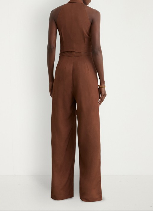 Reiss Petite Taya wide fit jumpsuit in linnenblend - achterkant 6 bruin