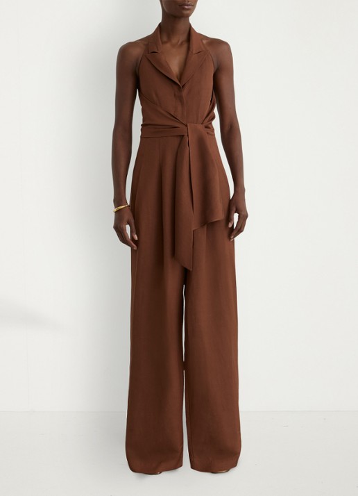Reiss Petite Taya wide fit jumpsuit in linnenblend - voorkant 2 bruin