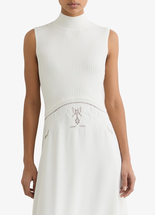 Reiss Phoenix ribgebreide midi jurk met broderie  - detail wit
