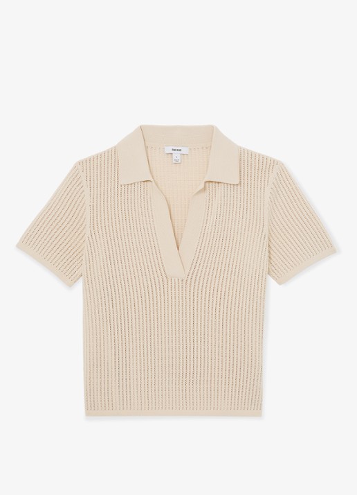 Reiss Pippa regular fit polo met opengewerkt dessin - voorkant creme