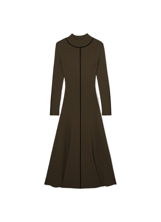 Reiss Polly midi ribgebreide jurk met opstaande kraag - voorkant 6 bronsgroen